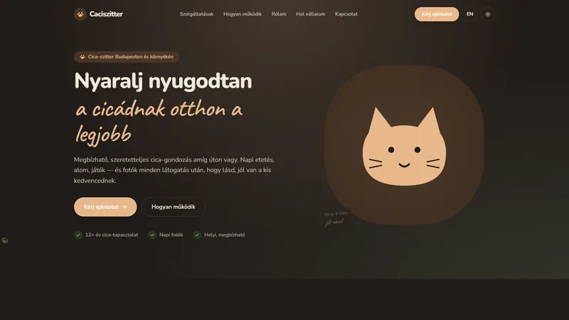 Caciszitter.hu – Cica-szitter szolgáltatás Budapesten — modern, reszponzív, kétnyelvű bemutatkozó weboldal